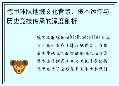 德甲球队地域文化背景、资本运作与历史竞技传承的深度剖析